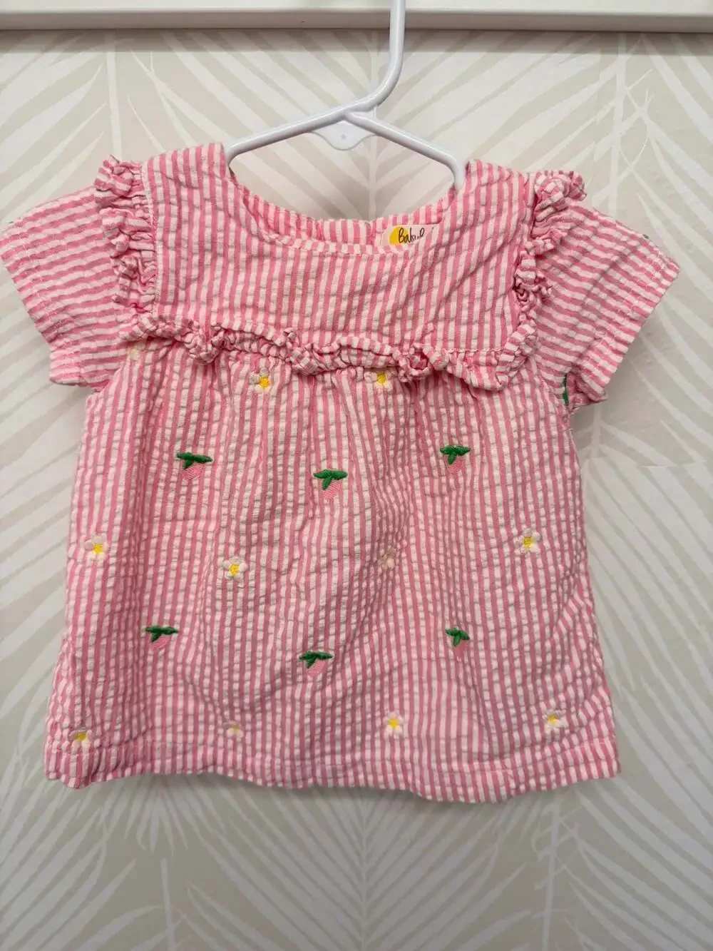 Baby Boden Pink White Striped Gingham Floral Strawberry Embroidered Top 6-9m